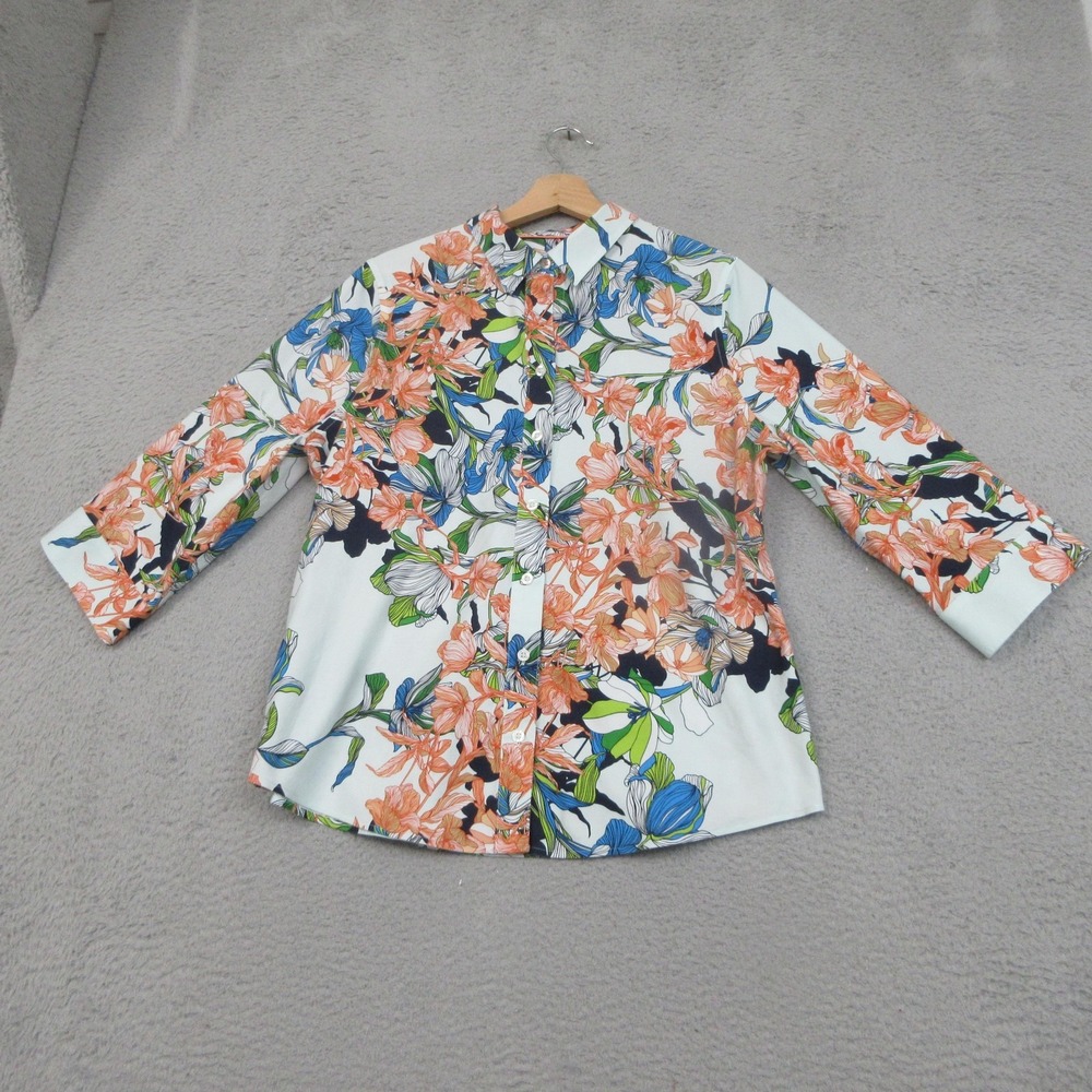 Chicos Floral Shirt Women 4 White Multicolor Floral No Iron Garden Party Coastal